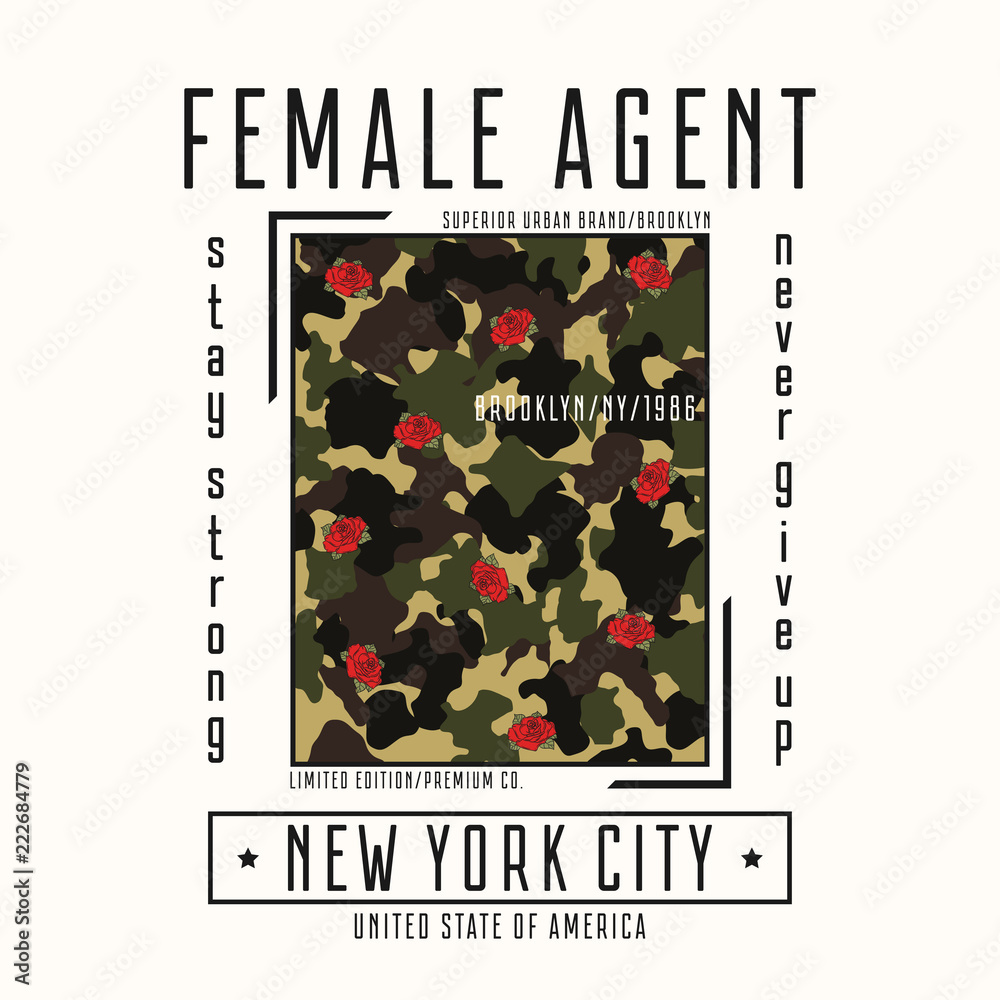 Typography for girls t-shirt with slogan - female agent and camouflage  texture. New York fashion graphics with rose flower for design clothes.  Vector illustration. Stock Vector | Adobe Stock