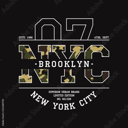 New York, NYC t-shirt design with camouflage texture. Brooklyn typography graphics for tee shirt with slogan. Apparel print in military and army style. Vector illustration.