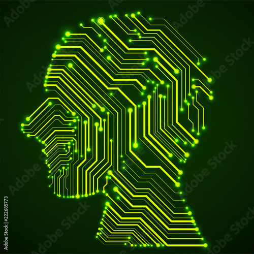 Abstract neon human head with circuit board. Vector