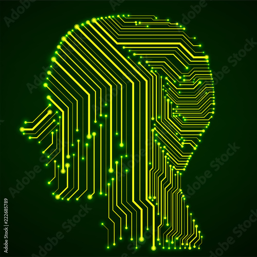 Abstract neon human head with circuit board. Vector