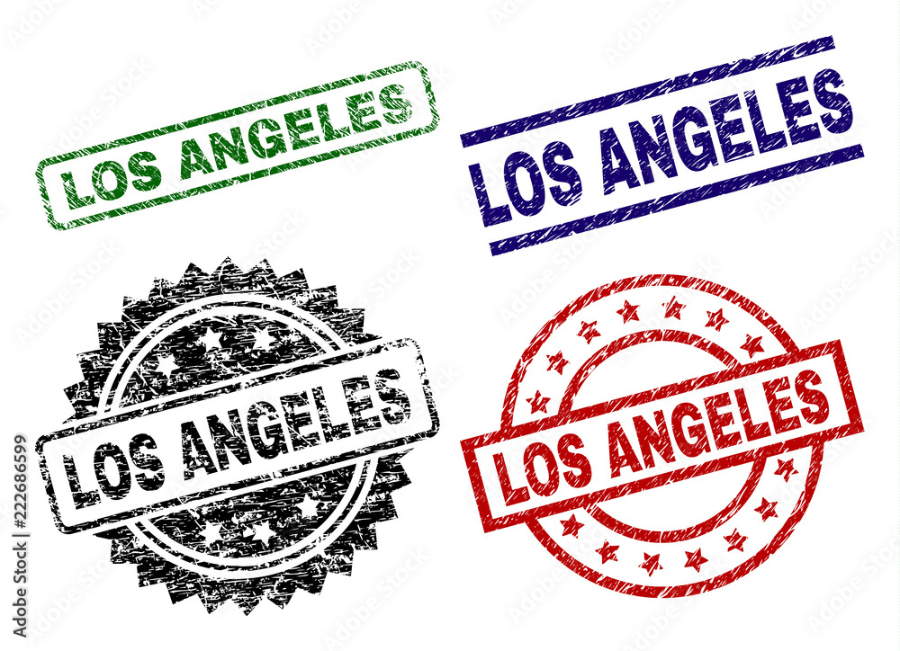 LOS ANGELES seal prints with distress style. Black, green,red,blue vector rubber prints of LOS ANGELES text with scratched style. Rubber seals with circle, rectangle, rosette shapes. LOS ANGELES seal prints with distress style. Black, green,red,blue vector rubber prints of LOS ANGELES text with scratched style. Rubber seals with circle, rectangle, rosette shapes.