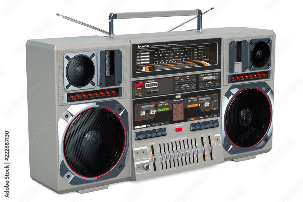 Fototapeta premium Retro Boombox 1980s on the wooden table, 3D rendering