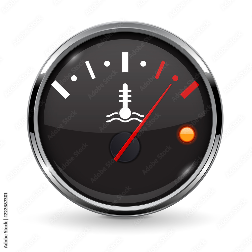 Temperature car gauge. Black round device meter with chrome frame. High temperature Temperature car gauge. Black round device meter with chrome frame. High temperature