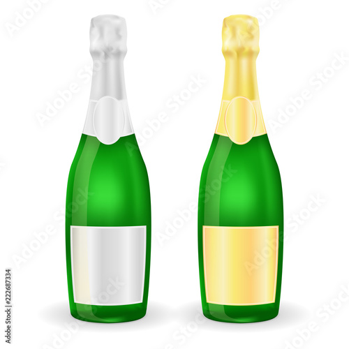 Bottles of sparkling wine or champagne. With silver and golden labels