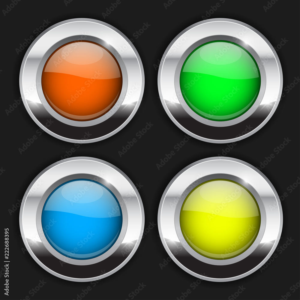 Colored round buttons. Glass 3d shiny icons with wide metal frame on black background Colored round buttons. Glass 3d shiny icons with wide metal frame on black background