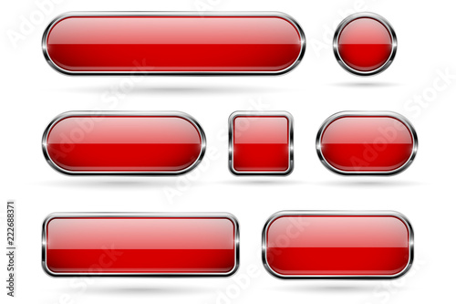 Red glass buttons with chrome frame. 3d icons