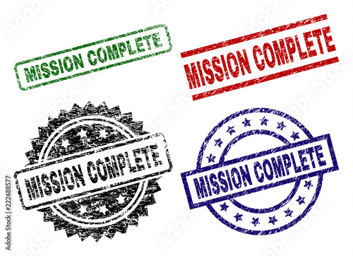 MISSION COMPLETE seal imprints with corroded surface. Black, green,red,blue vector rubber prints of MISSION COMPLETE label with corroded style. Rubber seals with round, rectangle, rosette shapes.