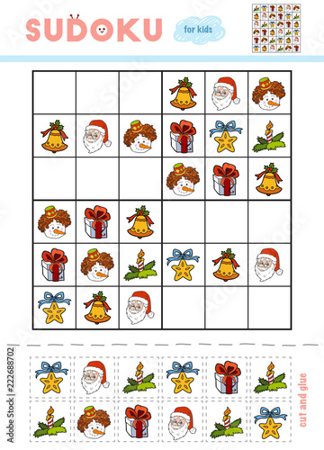 Sudoku for children, education game. Set of Christmas items