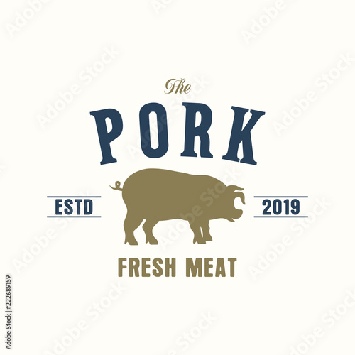 Pork logo with pig. Vintage emblem design for meat shop. Vector illustration.