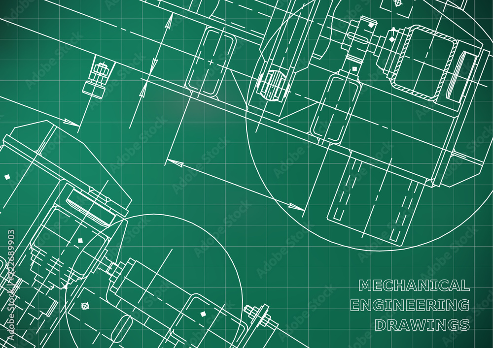 Mechanical Engineering drawing. Blueprints. Mechanics. Cover, background. Light green. Grid