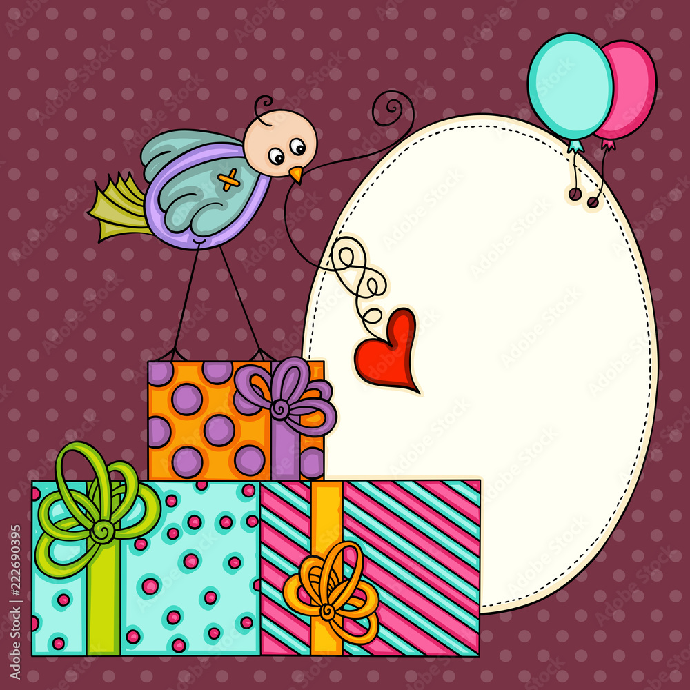 Background with cute bird and gift boxes