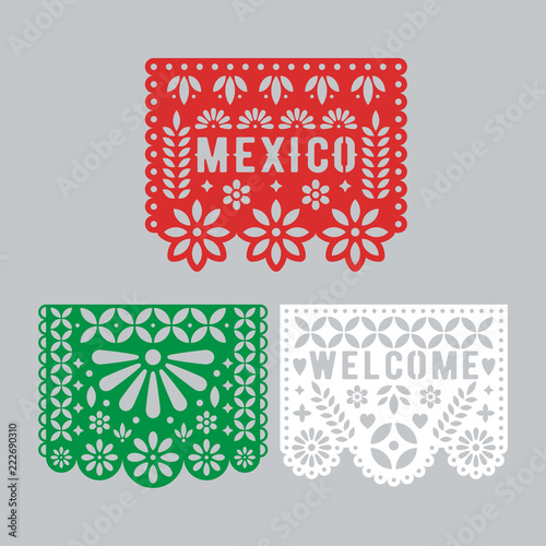 Papel Picado set, Mexican paper decorations for party. Cut out compositions for paper garland. Vector template design.