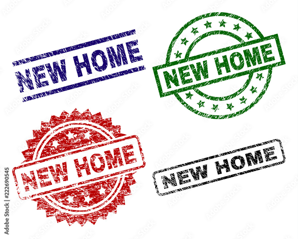 NEW HOME seal prints with distress texture. Black, green,red,blue vector rubber prints of NEW HOME title with corroded texture. Rubber seals with round, rectangle, medallion shapes. NEW HOME seal prints with distress texture. Black, green,red,blue vector rubber prints of NEW HOME title with corroded texture. Rubber seals with round, rectangle, medallion shapes.