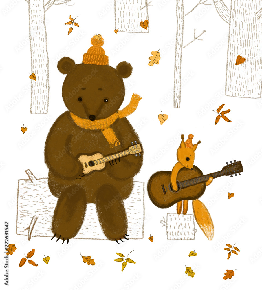 Obraz greeting autumn card / a bear and a squirrel plays music in the autumn forest