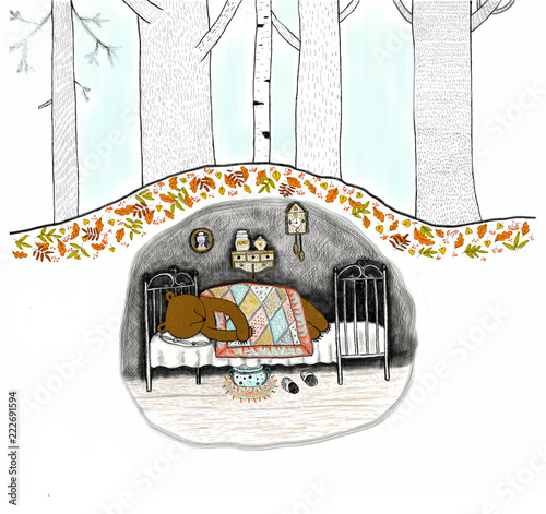 Canvas Print autumn card / the bear is sleeping in his den /  inscription- don't  Wake  till