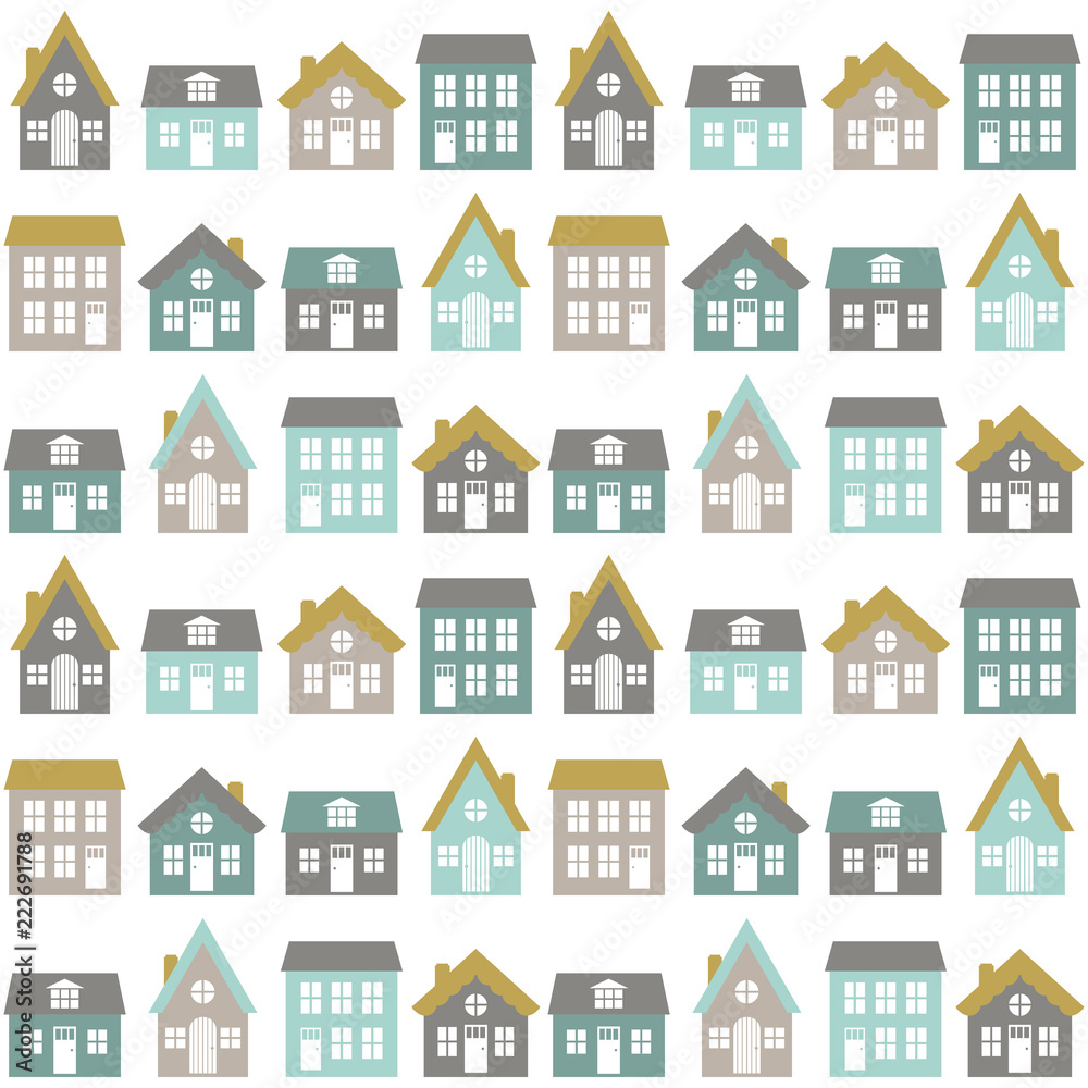 Modern seamless childish pattern with cute houses in nordic style. Kids texture for print. Vector repetitive background. Modern seamless childish pattern with cute houses in nordic style. Kids texture for print. Vector repetitive background.