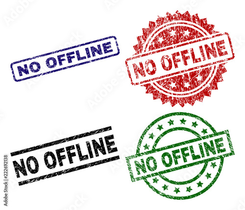 NO OFFLINE seal prints with corroded texture. Black, green,red,blue vector rubber prints of NO OFFLINE text with dust texture. Rubber seals with circle, rectangle, medallion shapes.