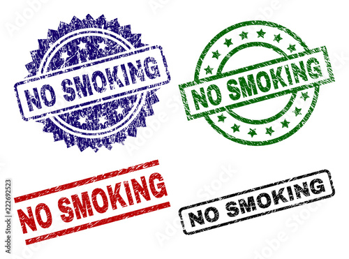 NO SMOKING seal prints with corroded style. Black, green,red,blue vector rubber prints of NO SMOKING text with dust style. Rubber seals with round, rectangle, medal shapes.