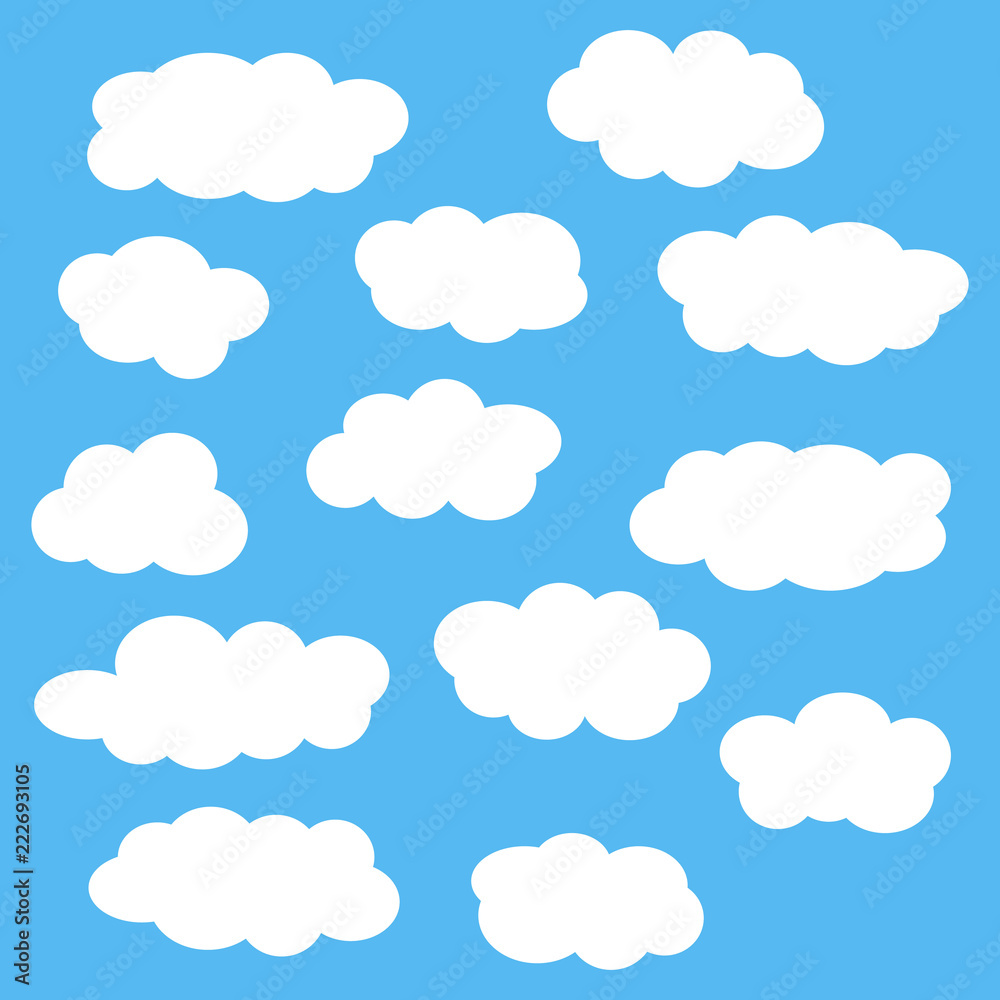 Cloud icon set, white clouds isolated on blue sky background, vector illustration. Cloud icon set, white clouds isolated on blue sky background, vector illustration.