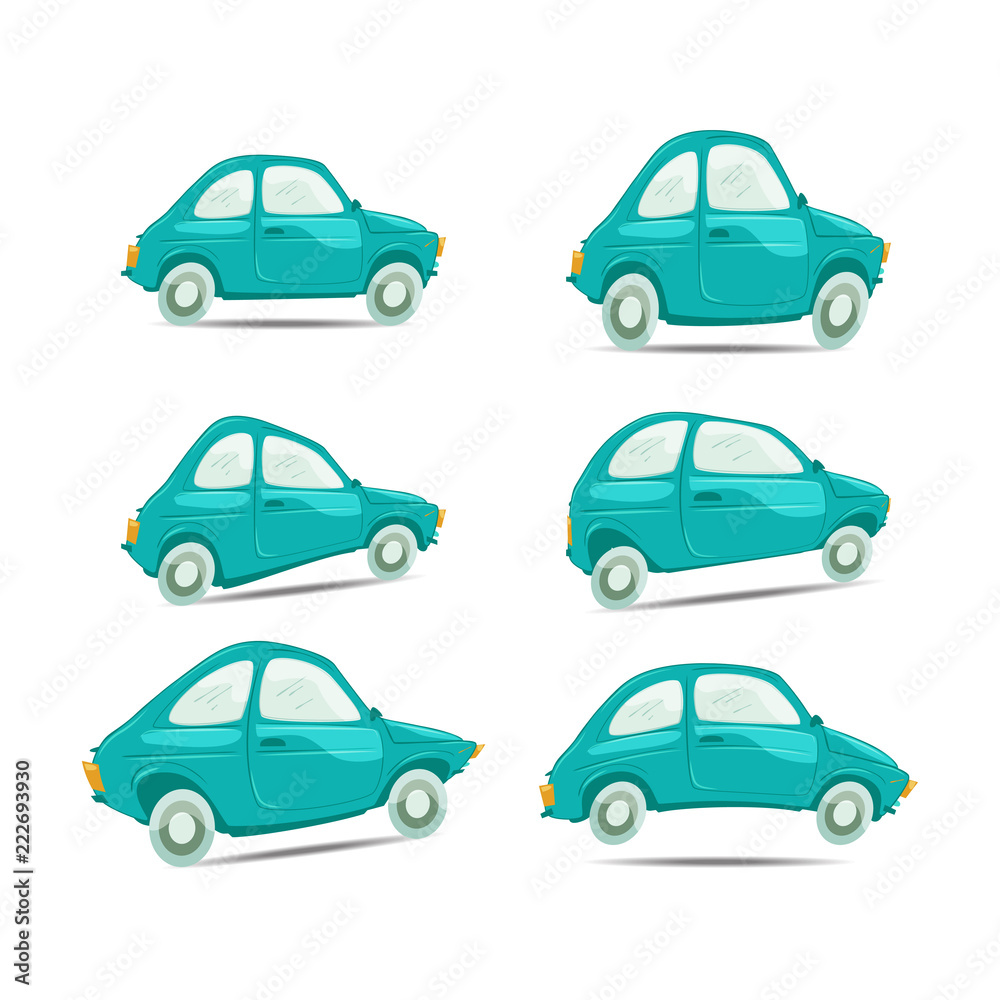 Set of cartoon cars on different shapes