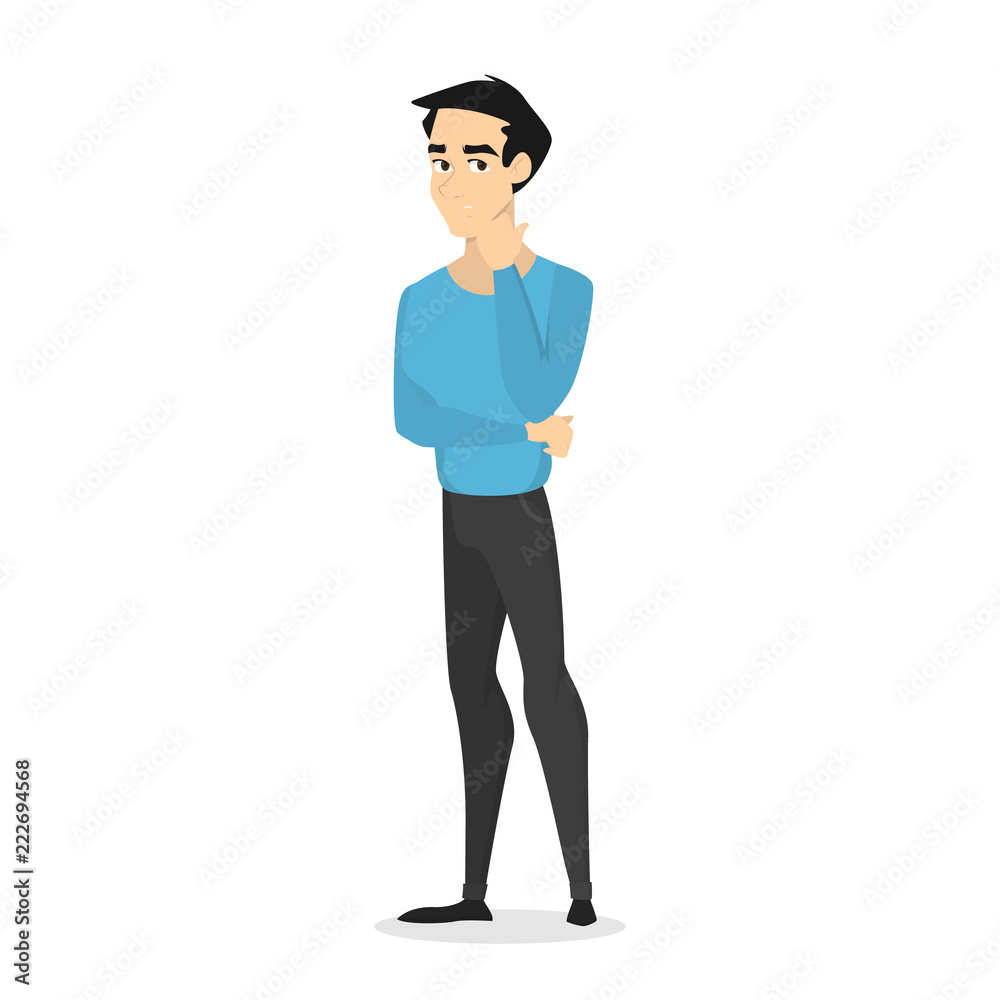 Young handsome male character standing and thinking