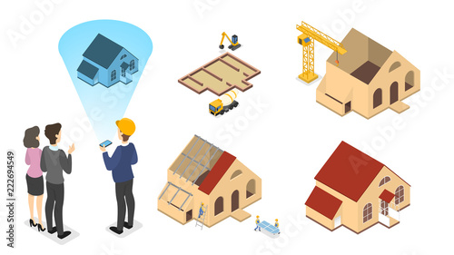 Workers building a large wooden house illustration