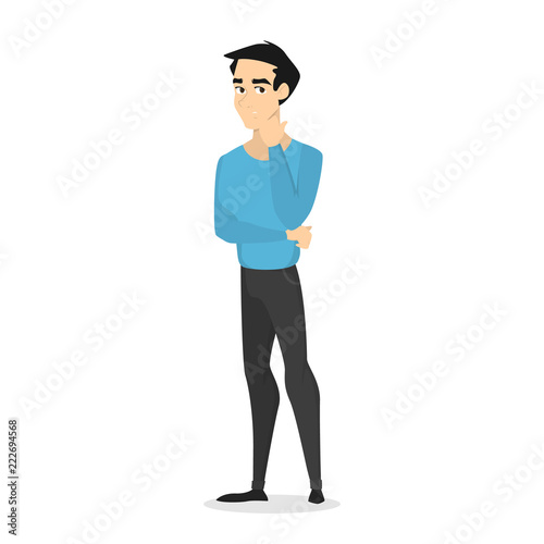 Young handsome male character standing and thinking