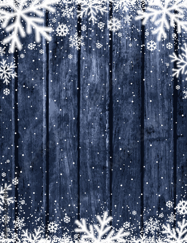 Blue Wooden christmas background with blurred white snowflakes, vector illustration