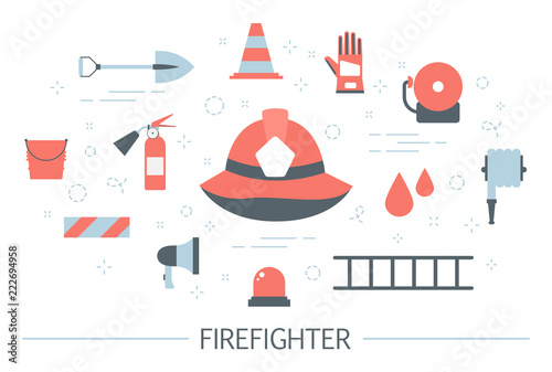 Firefighter concept illustration. Set of fireman equipment