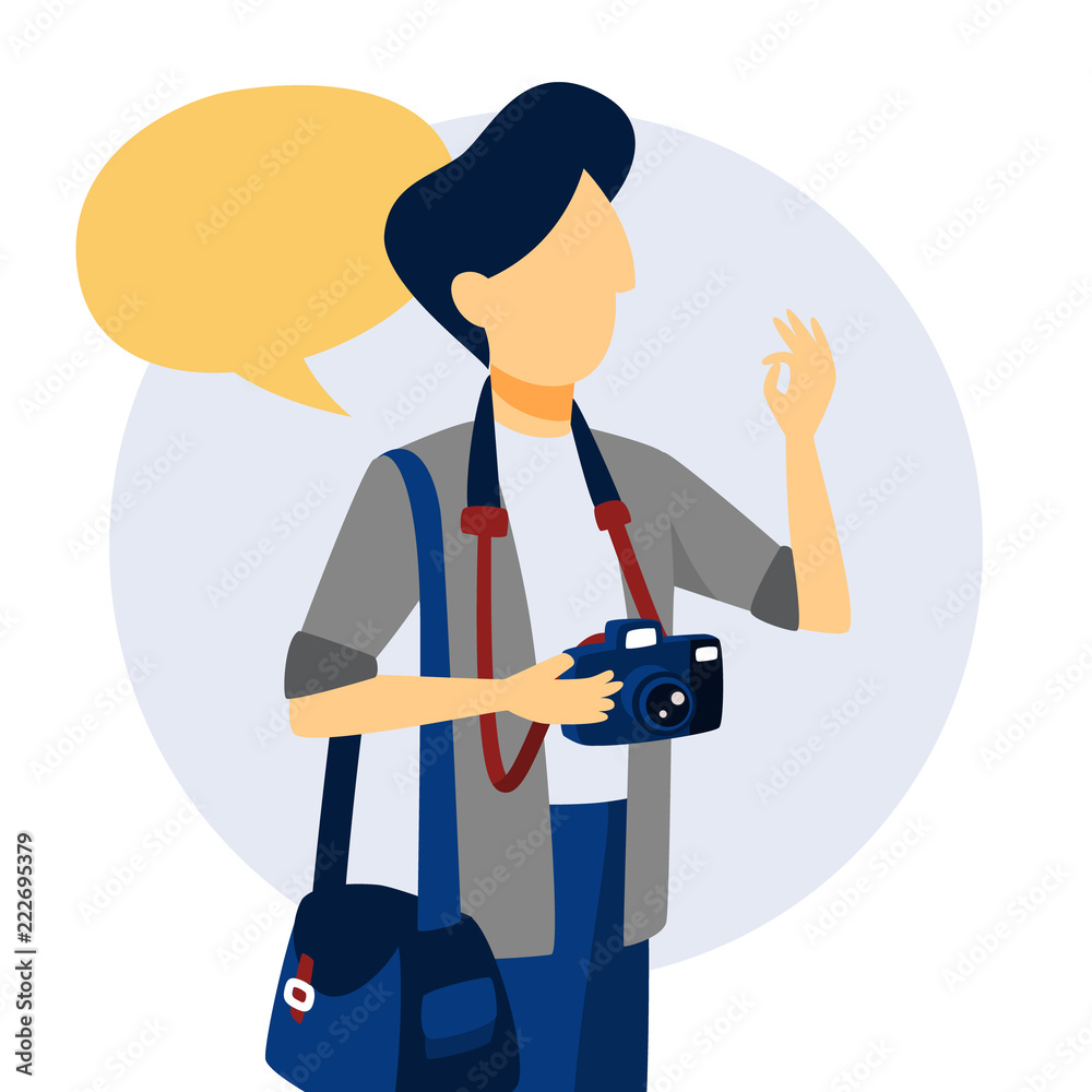 Photographer holding camera and showing ok sign. Photographer holding camera and showing ok sign.