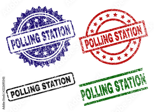 POLLING STATION seal prints with distress texture. Black, green,red,blue vector rubber prints of POLLING STATION title with dirty texture. Rubber seals with circle, rectangle, medallion shapes.