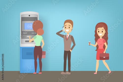 People standing in line at ATM illustration