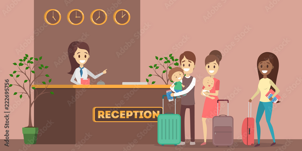 People standing in queue at the hotel reception. People standing in queue at the hotel reception.