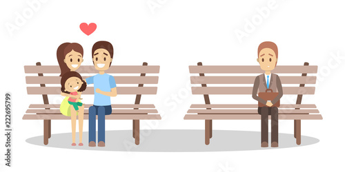 Sad businessman looking at happy family with kid