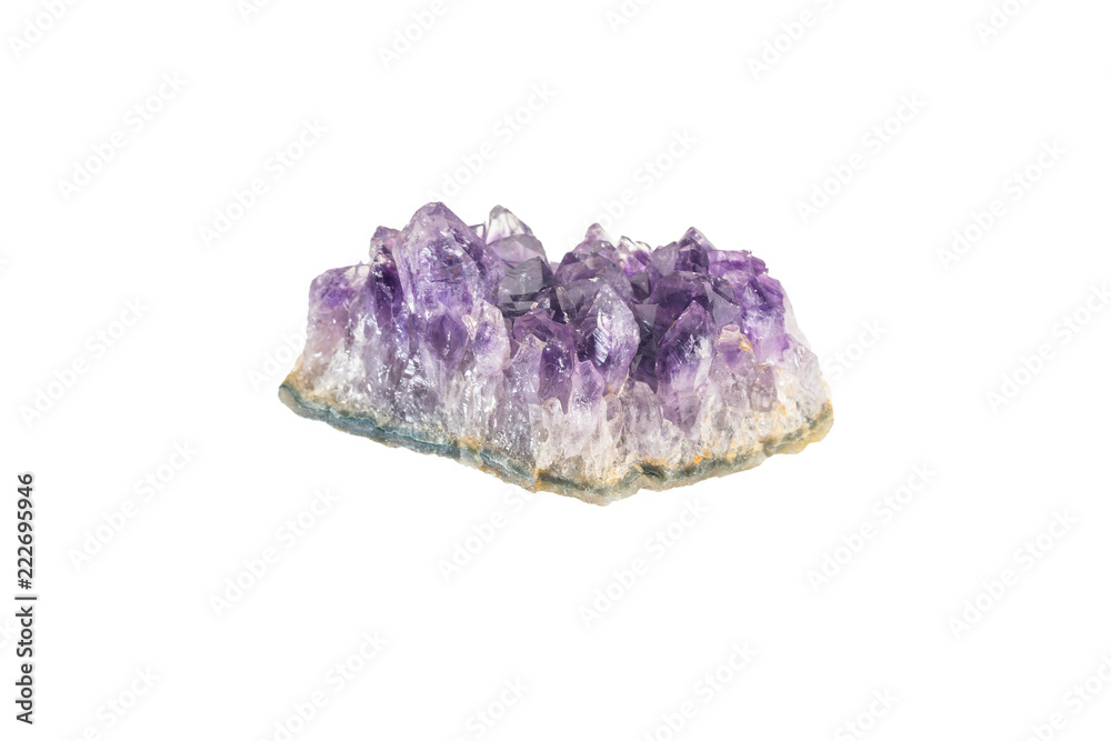 Amethyst druse isolated. Purple rough amethyst quartz crystals.