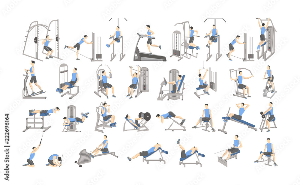 Set of workout for men on exercise machines. Set of workout for men on exercise machines.