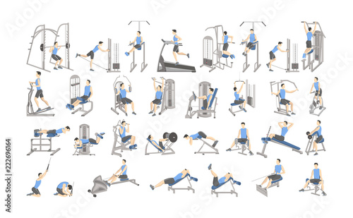 Set of workout for men on exercise machines.