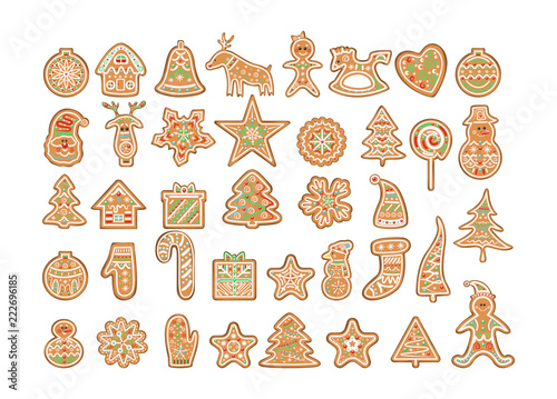 Set of cute decorated christmas cookies or gingerbread