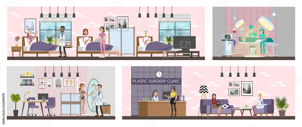 Plastic surgery clinic interior with surgery, rooms and reception