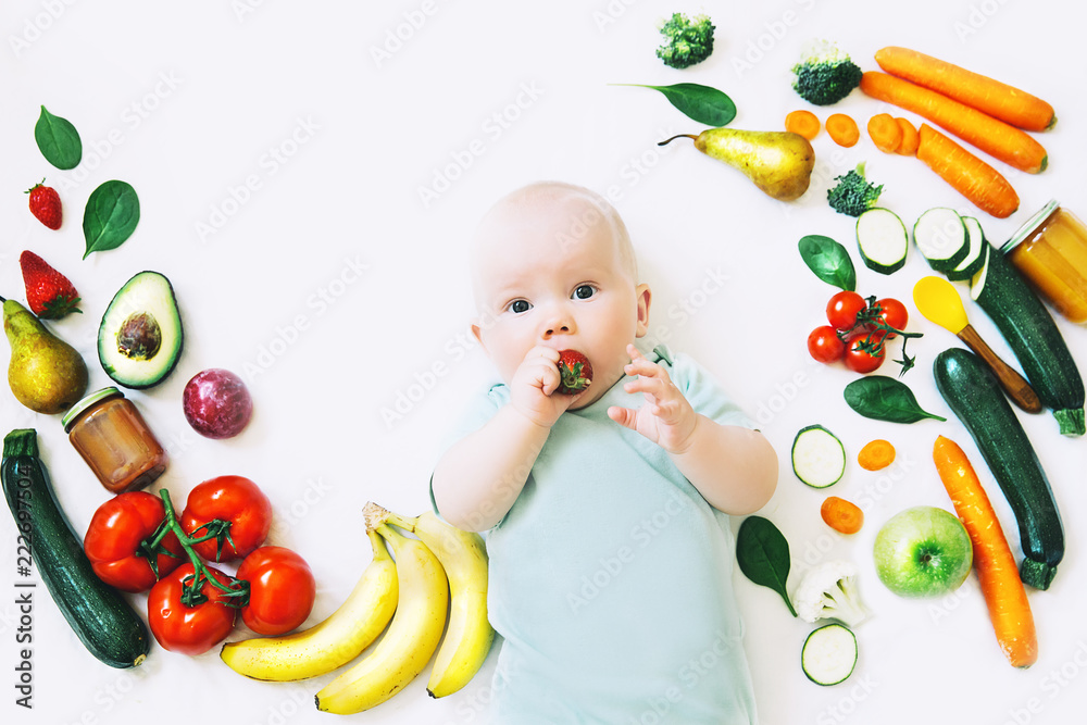 Healthy baby child nutrition, food background, top view. - obrazy, fototapety, plakaty 