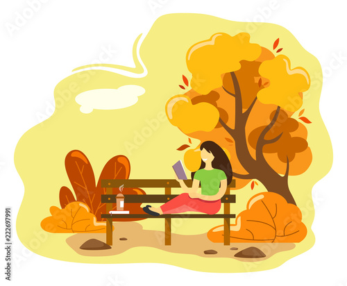 The girl reads a book on a bench among the autumn landscape in the style of flat. A cozy place with hot coffee and a book