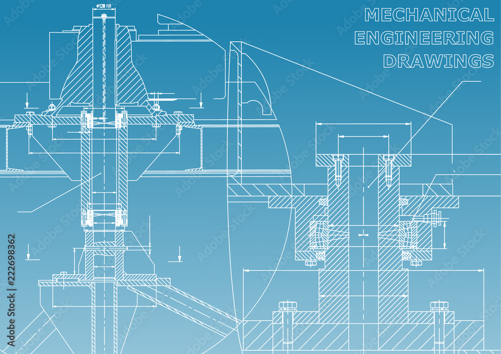 Mechanical engineering. Technical illustration. Backgrounds of engineering subjects. Technical design. Instrument making. Cover, banner, flyer, background. Blue and white