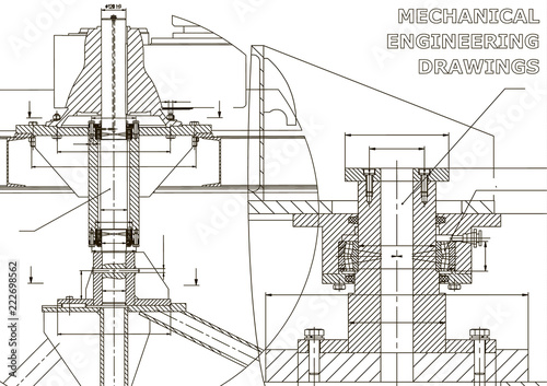 Mechanical engineering. Technical illustration. Backgrounds of engineering subjects. Technical design. Instrument making. Cover, banner, flyer, background. Blue and white