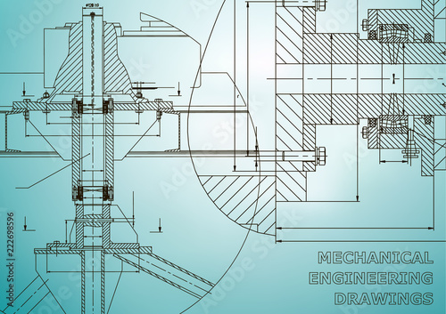 Mechanical engineering. Technical illustration. Backgrounds of engineering subjects. Technical design. Instrument making. Cover, banner, flyer. Light blue