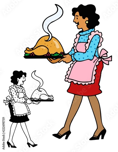 The turkey is ready!  woman serving a baked turkey.  Comes with bonus black outline version.