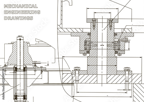 Mechanical engineering. Technical illustration. Backgrounds of engineering subjects. Technical design. Instrument making. Cover. Blue and white