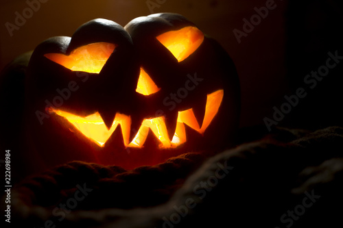 Jack-o-lantern Halloween pumpkin head. Scary evil face spooky holiday. Halloween part. Halloween attributes.