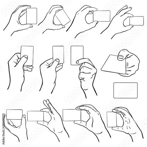 hand drawn vectorized men's hands holding a credit card or identity card in different positions. from the front, from the side and from the back in black and white. Outline, doodle art.