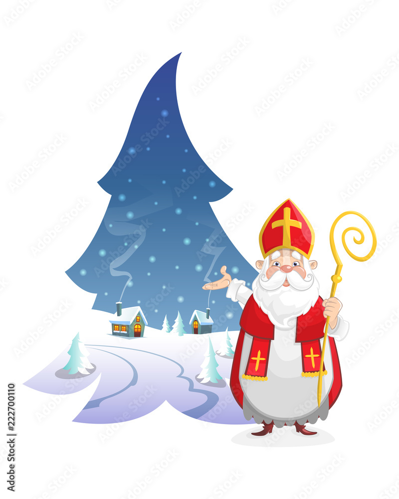 Obraz premium Illustration winter landscape in form of pine with cute Saint Nicholas