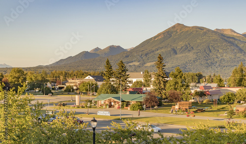 Palmer Visitor Information Center and a view of the Chugach Range in summertime, Palmer, Alaska, USA.
 photo